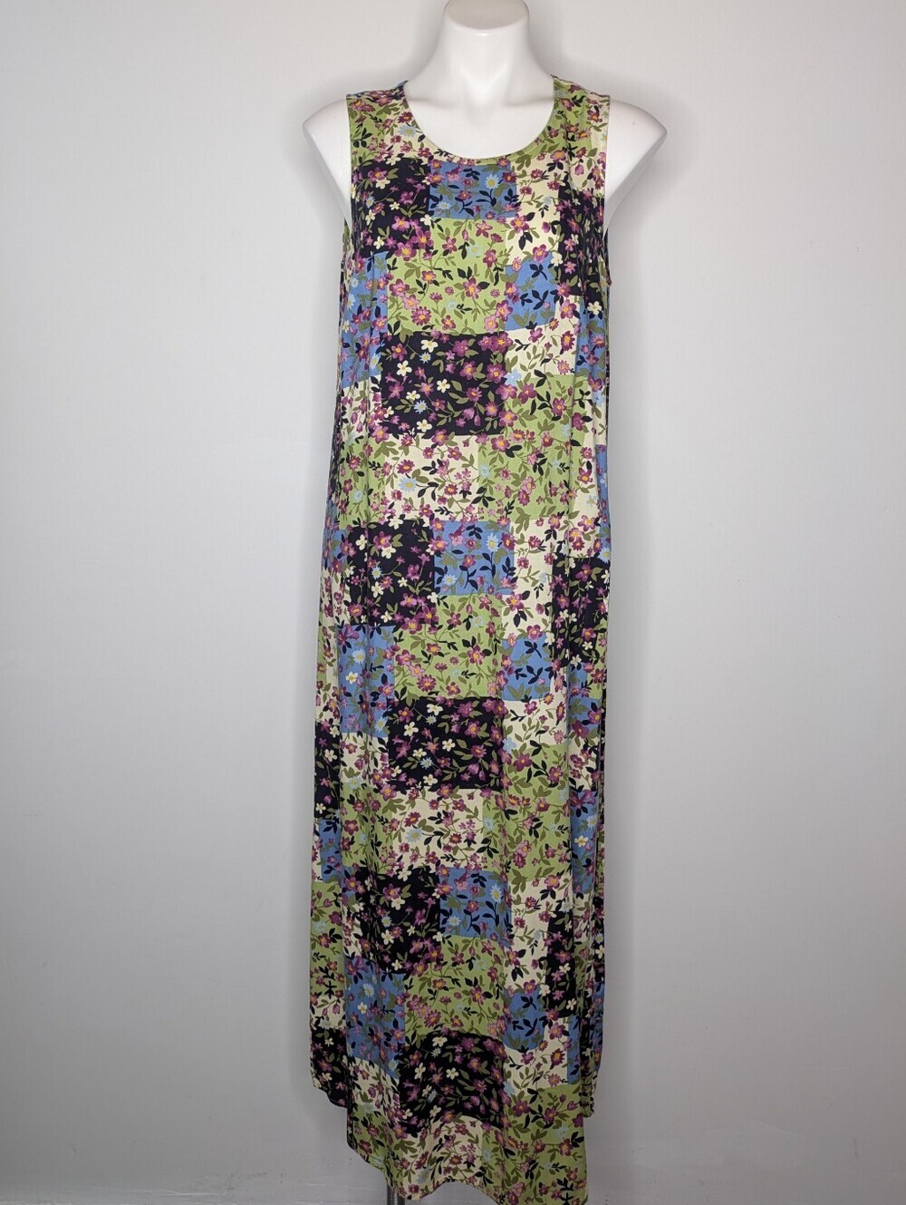Vintage Ease Sport Green Blue Floral Patchwork Style Sleeveless Summer Sun Dress
